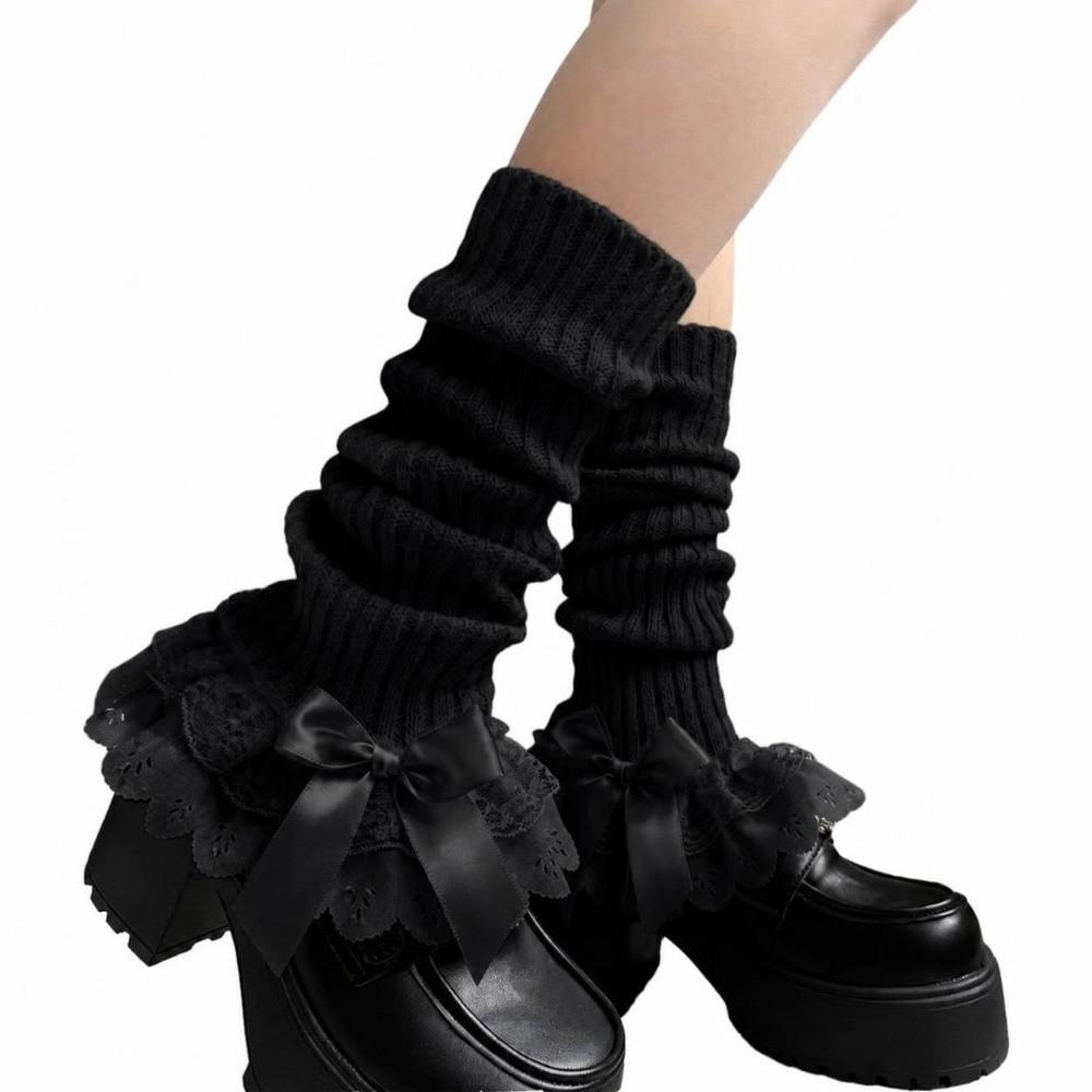 Gestrickte Beinwärmer mit Schleifenakzent, mehrlagiger Rüschensaum, hohe Socken für Lolita-Mädchen