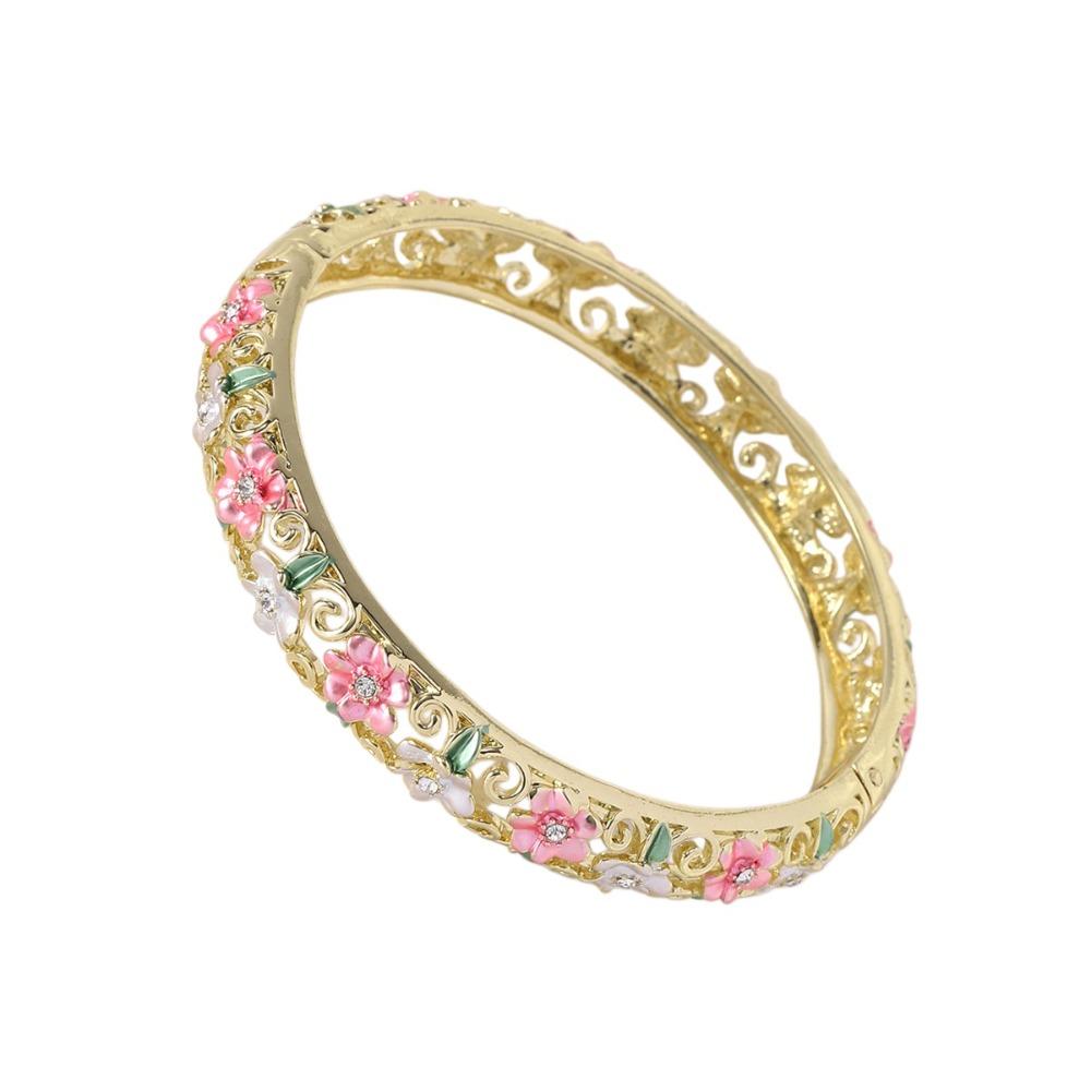 Enamel Flower Crystal Bangle Rhinestone Women's Hand Bracelet Vintage Cloisonne Bangle  Ladies