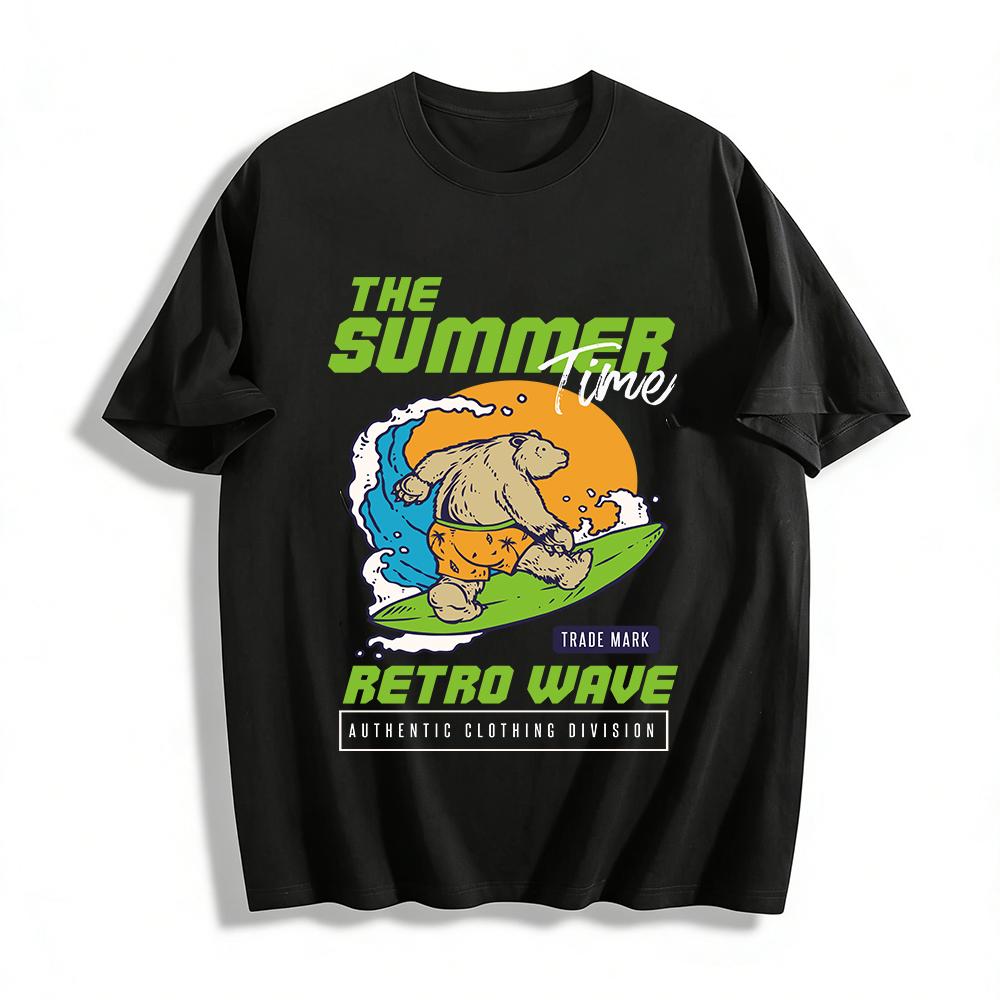Summer Retro Wave Surfing Bear Print T-Shirt Unisex Casual Vacation Loose Breathable Tee Pure cotton T-shirt XXS