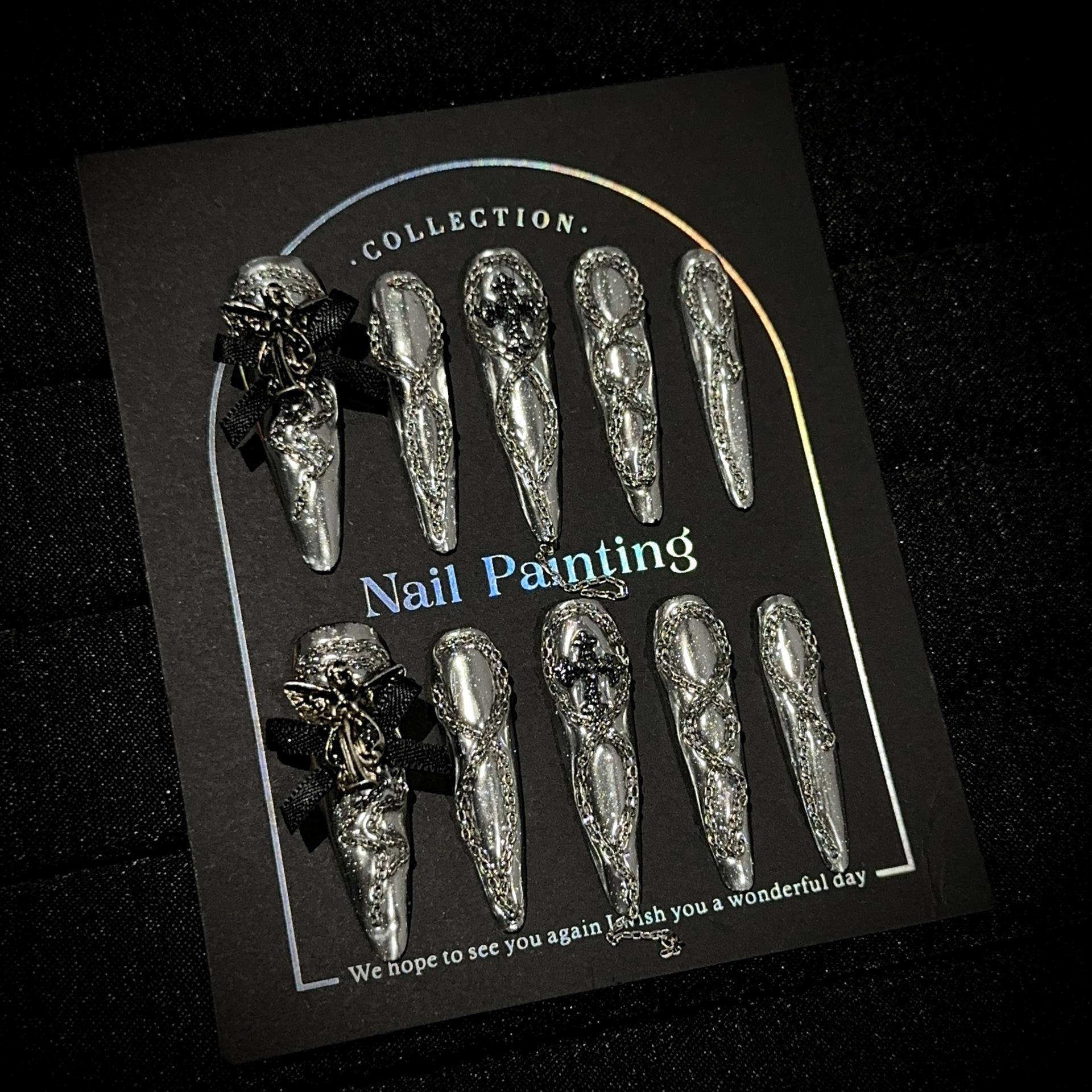 

Мигдалеподібні накладні нігті ручної роботи зі стразами, довгі стилетні штучні нігті, багаторазові акрилові накладні нігті, повне покриття, клейкі нігті, самоклейні нігті для жінок L