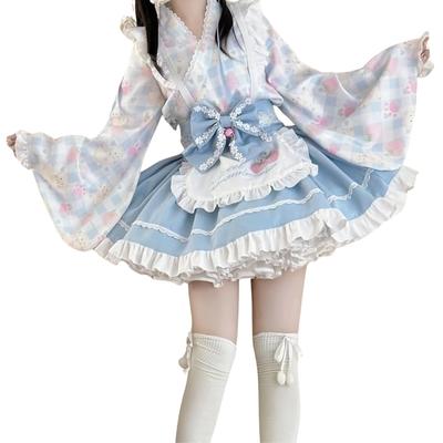 Japoński Lolita Służka Marzycielski Gotycki Lolita Księżniczka Styl Yukata Zestaw Cosplay Rozmiar [Rowaica] Strój, Styl, Rękawy, (Niebieski, S)