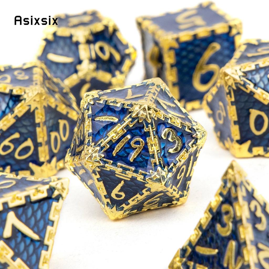 7 Pcs Blue Golden Fish Scale Metal Dice Solid Metal Polyhedral Dice Set Suitable for Role-Playing RPG  Board Game Card Game