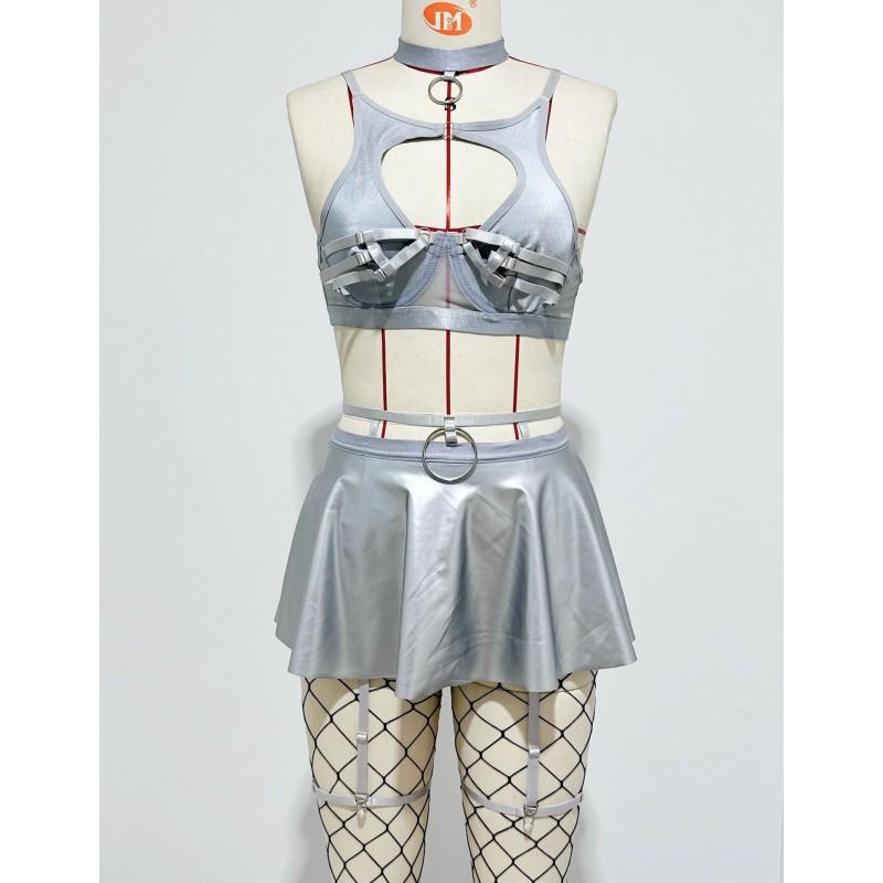 Sexy Lingerie Set: Solid Color Faux Leather Skirt With Mesh Stockings Adjustable Strap Push-Up Bra Roleplay Costume