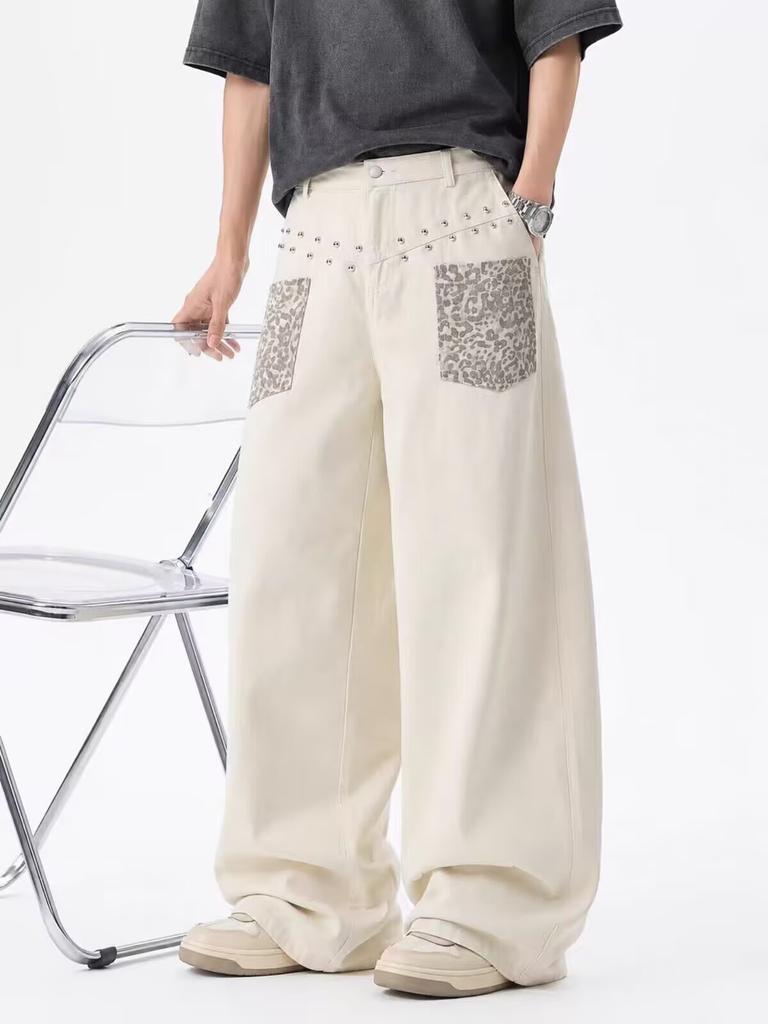 American retro cashew flower patch embroidered wide-leg jeans straight loose design drape long pants