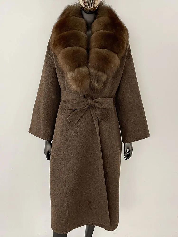 OFTBUY Kabát z pravé kožešiny 2024 Nadměrný dámský svrchní oděv Zimní dámská bunda s límcem z přírodní liščí kožešiny Kapuce Kašmírová vlněná směs Kabát