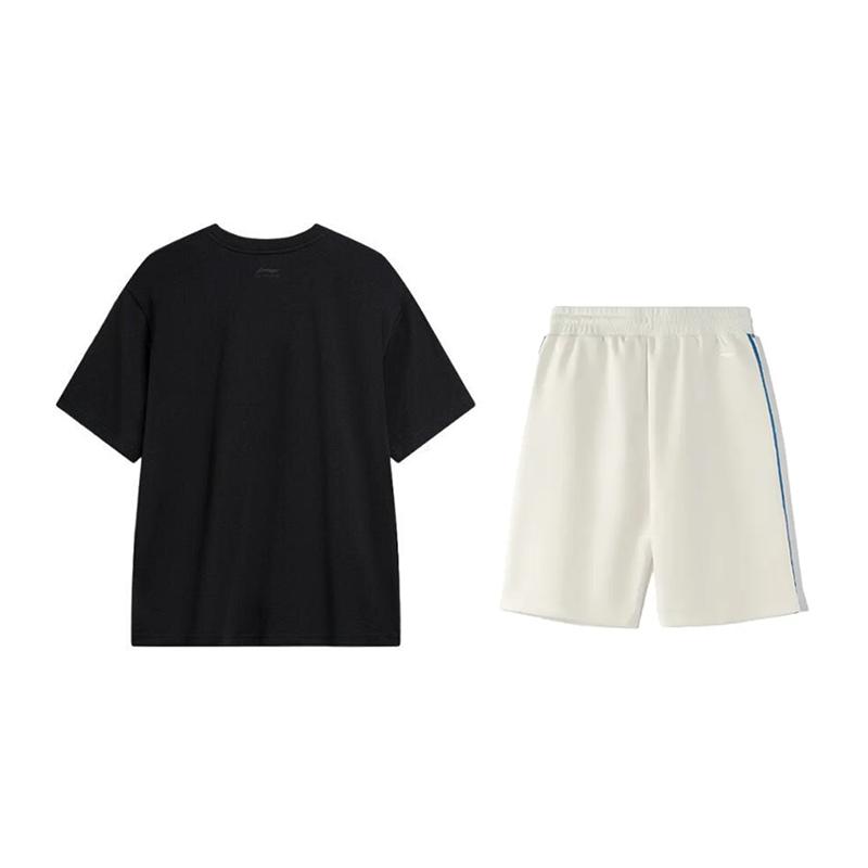 Li Ning Logo Print Round Neck Short Sleeve T-Shirt Loose Comfortable Skin-Friendly Shorts Casual Sports Suit Unisex Sportswear YHSV371-1+YKSV129-1