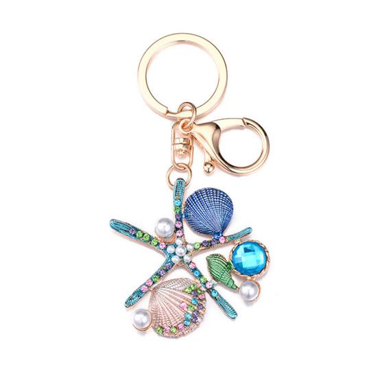 Rhinestone Starfish Keychain Sparkling Shell Faux Pearl Keyring Pendant for Purse Backpack Accessory Gift for Friends