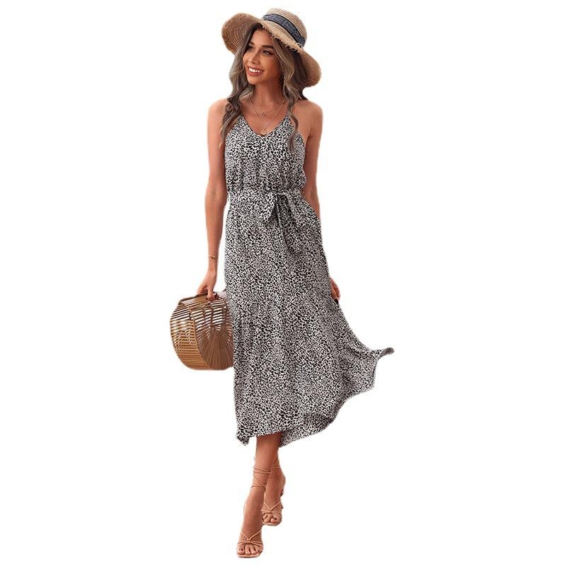 Summer Vacation Women's Medium and Long Leopard Print Suspender Dress