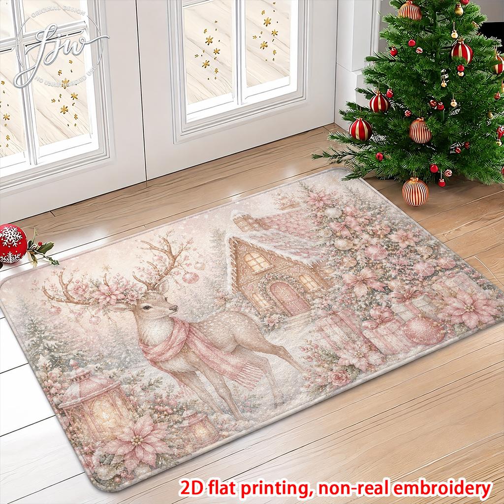 1pcs Christmas Pink Vintage Welcome Doormat, 2D Flat Printed Non Slip Floor Mat for Holiday Home Entrance Decor