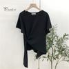 Women T-shirt O-Neck Short Sleeve Irregular Hem Elastic Thin Summer Solid Color Loose Pullover Top Streetwear