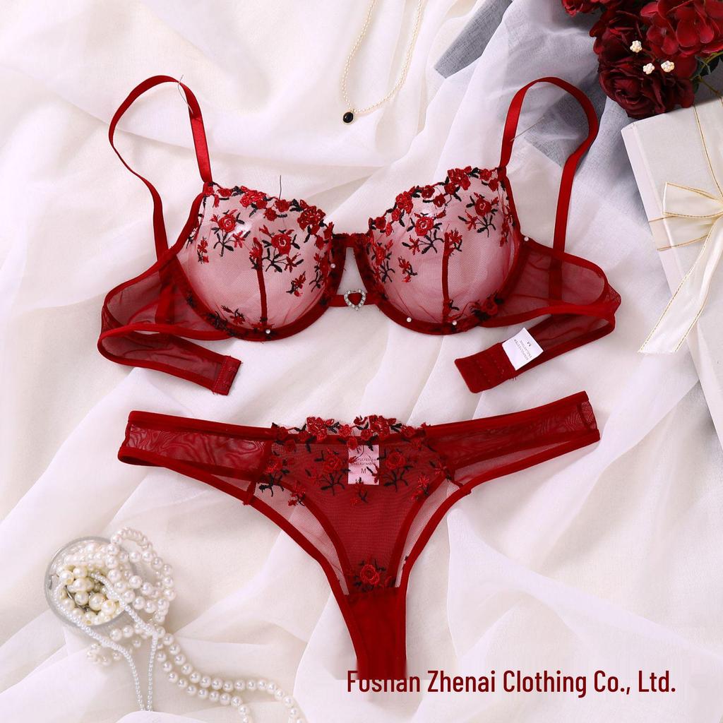 Floral Embroidered Mesh Push-up Lingerie Set for Women