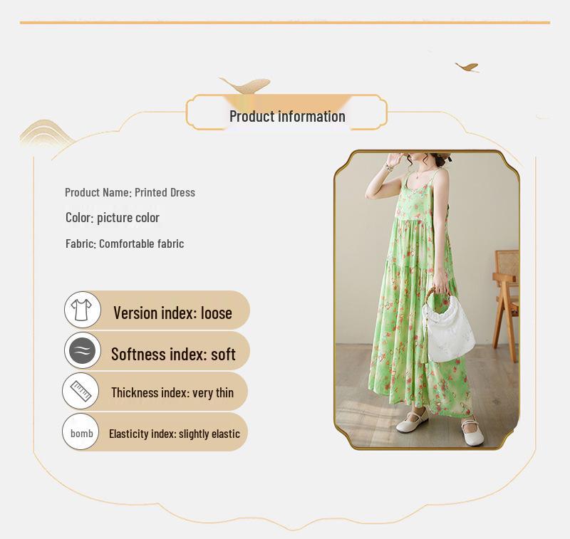 2026 Summer Cotton Linen Patchwork Long Dress with Sling and Large Hem Skirt