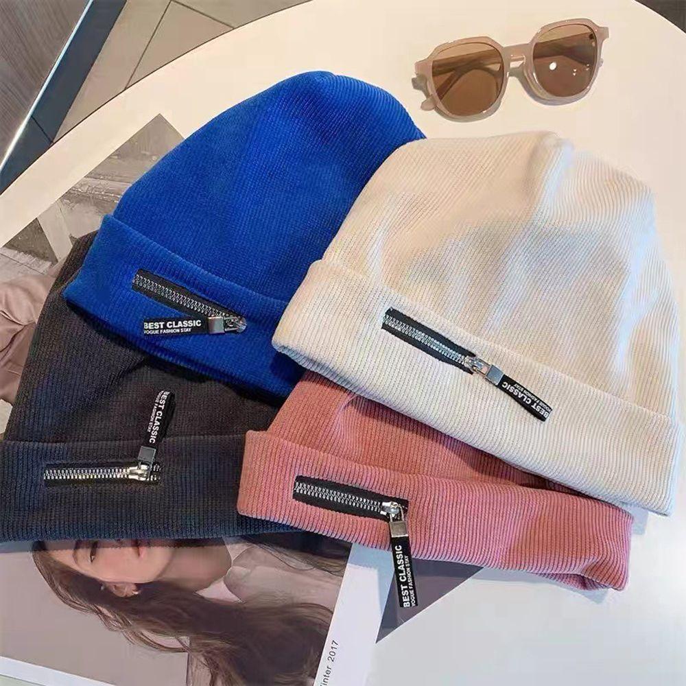 Crochet Couple Bonnet Hat Men Women Hat Korean Style Hat Knitting Zipper Beanie Baggy Melon Cap