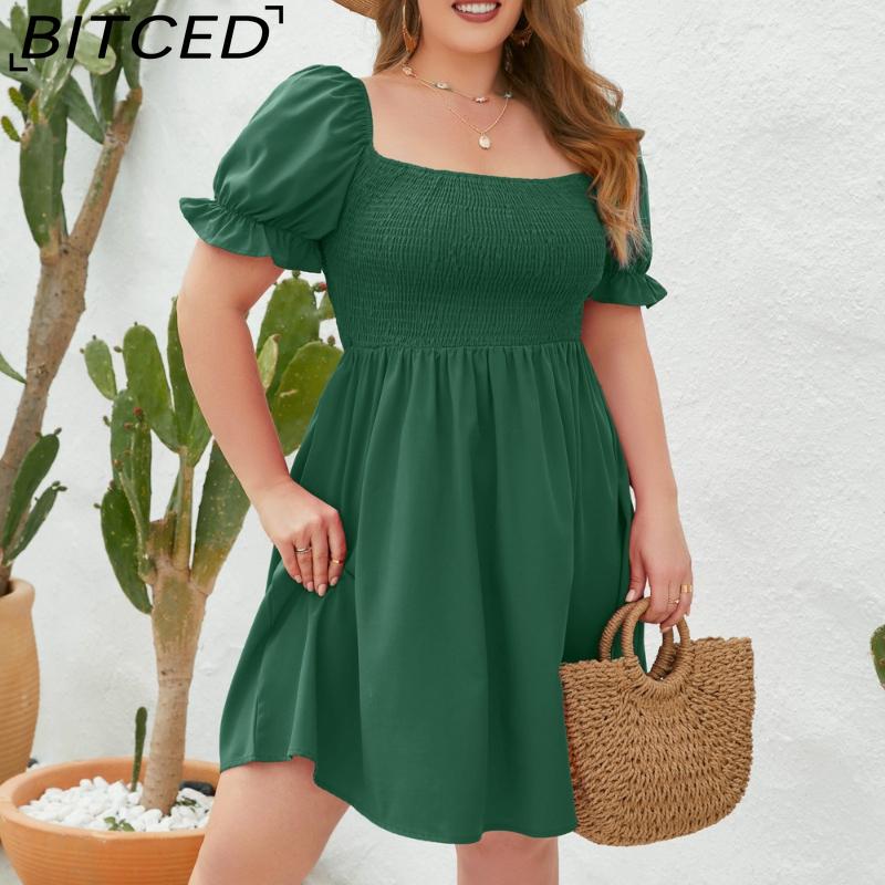 BITCED Plus Size Solid Color Casual Resort Dress Travel Square Neckline Ruffled Puff Sleeve Dress