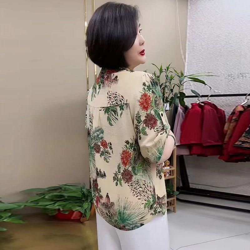 Women's Silk Blouse Summer Loose Floral Plus-Size Shirt V-Neck Printed Silk Shirt