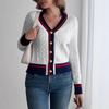 Women's  Preppy Style Color Block Linen Blend V-neck Cardigan Sweater Coat For Spring Autumn