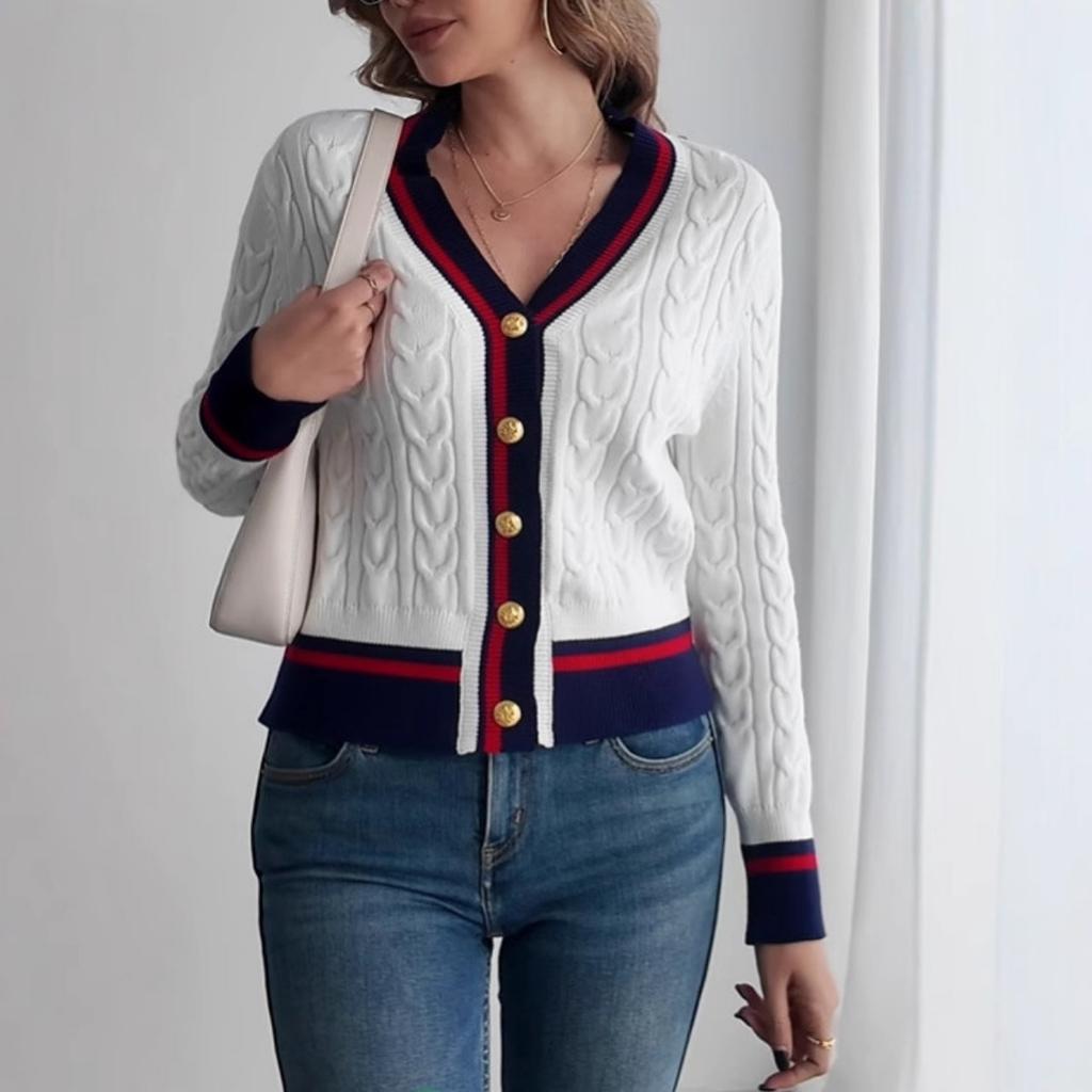 Women's Preppy Style Color Block Linen Blend V-neck Cardigan Sweater Coat For Spring Autumn