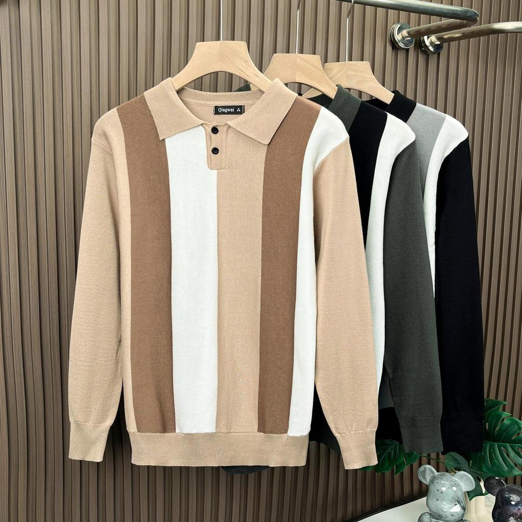 Men's Stylish Color Block Knit Polo Shirt - Hong Kong Style, Casual Autumn/Winter Wear