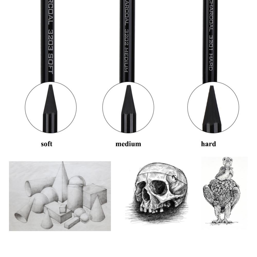 3 matite a carboncino senza legno, dure, medie e morbide, per disegno e schizzi, ideali per artisti.