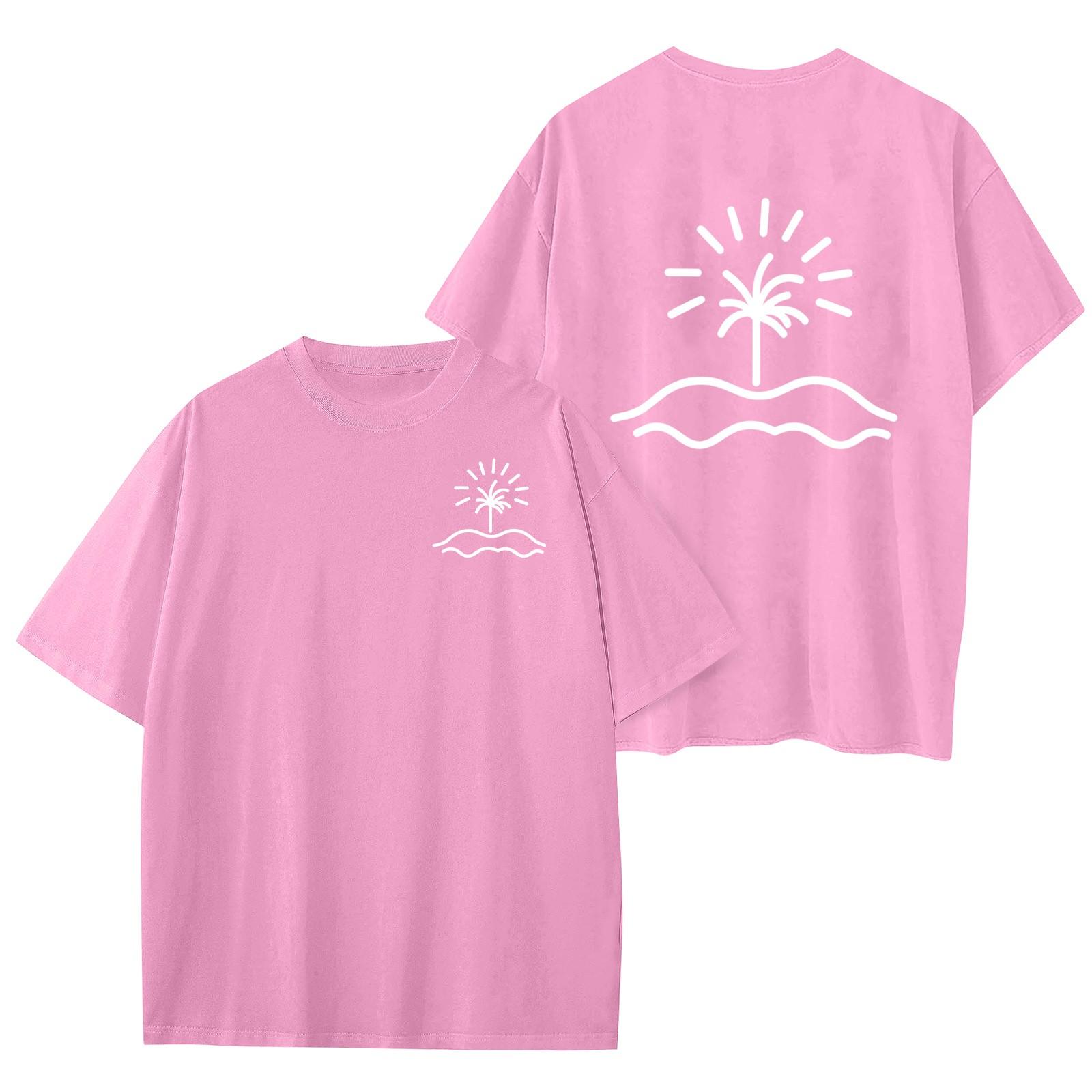 

Женский круглый вырез модный свободный гавайский принт короткие рукава M розовый