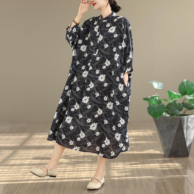 DIMANAF New 2026 Women Plus Size Spring Summer Beach Vintage Long Dress Lady Loose Oversize Maxi Floral Print Cotton Button