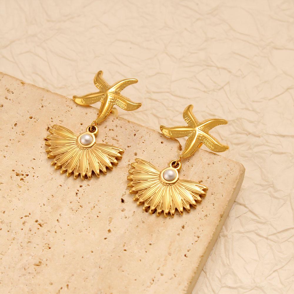 Ocean Series Stainless Steel Pearl Earrings - Starfish  Shell Dangle for Daily Commute