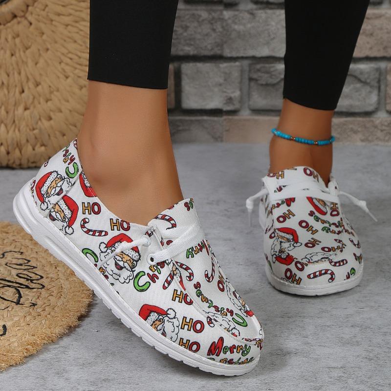 European and American Christmas Graffiti Single Shoes 2024 Autumn New Lace Up Casual Flat Shoes Large 35-43 Vulcanized Shoes