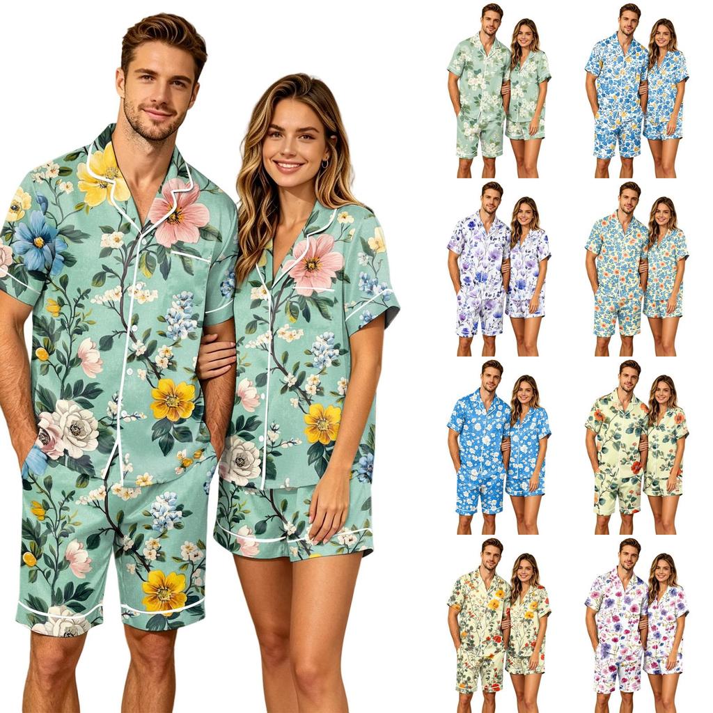 Herenbloemenprint Korte Mouw Pyjamaset met Borstzak voor Casual Slaapkleding en