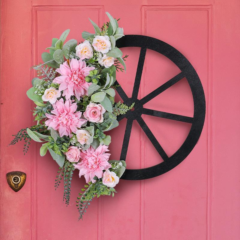 Wheel Wreath Zhongran Pink Simulation Wreath Simulation Green Plant Outdoor Courtyard Door Hanging Decoration