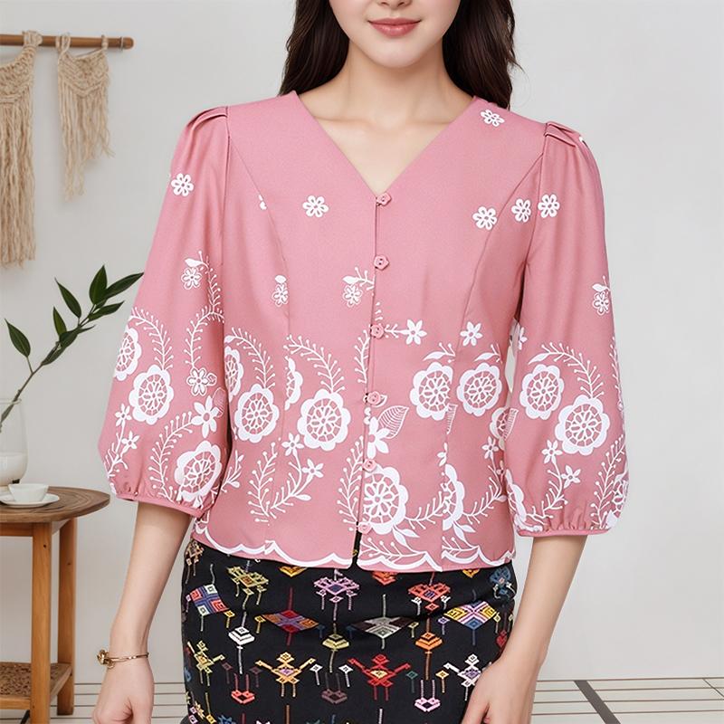 

ZANZEA Жіноча повсякденна блуза з V-подібним вирізом, рукавом 3/4, вільного крою з принтом S камея рожевий колір