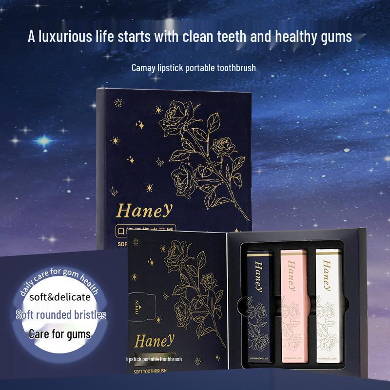 Starry Sky Floral Luxury Lipstick Toothbrush Set - Soft Bristles, Travel Ready [3-Piece Gift Box]
