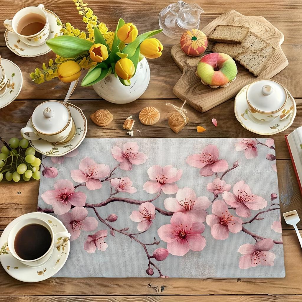 4/6pcs Retro Pink Cherry Blossoms Placemats Table Mats, 12x18in Heat-Resistant Table Place Mats, Decorative Washable Table Placemats