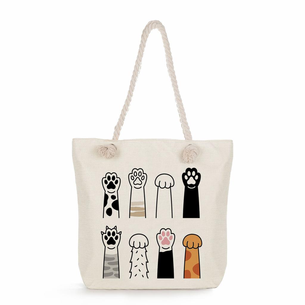 Multifunctional Dog Paws Printed Thick Rope Shoulder Beach Bag Casual Large Capacity Handbag 7601