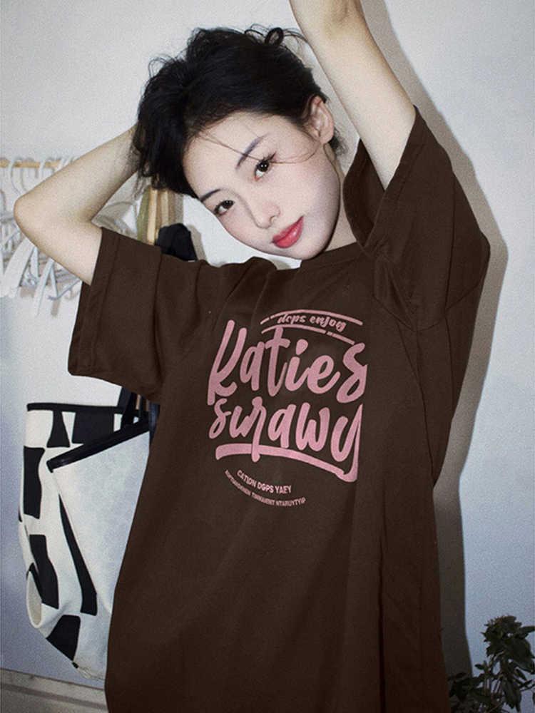 

Женская летняя футболка с коротким рукавом кофейного цвета большого размера – Модный европейский стиль, оверсайз, средней длины, хлопковый топ 3XL (145-160 kg)