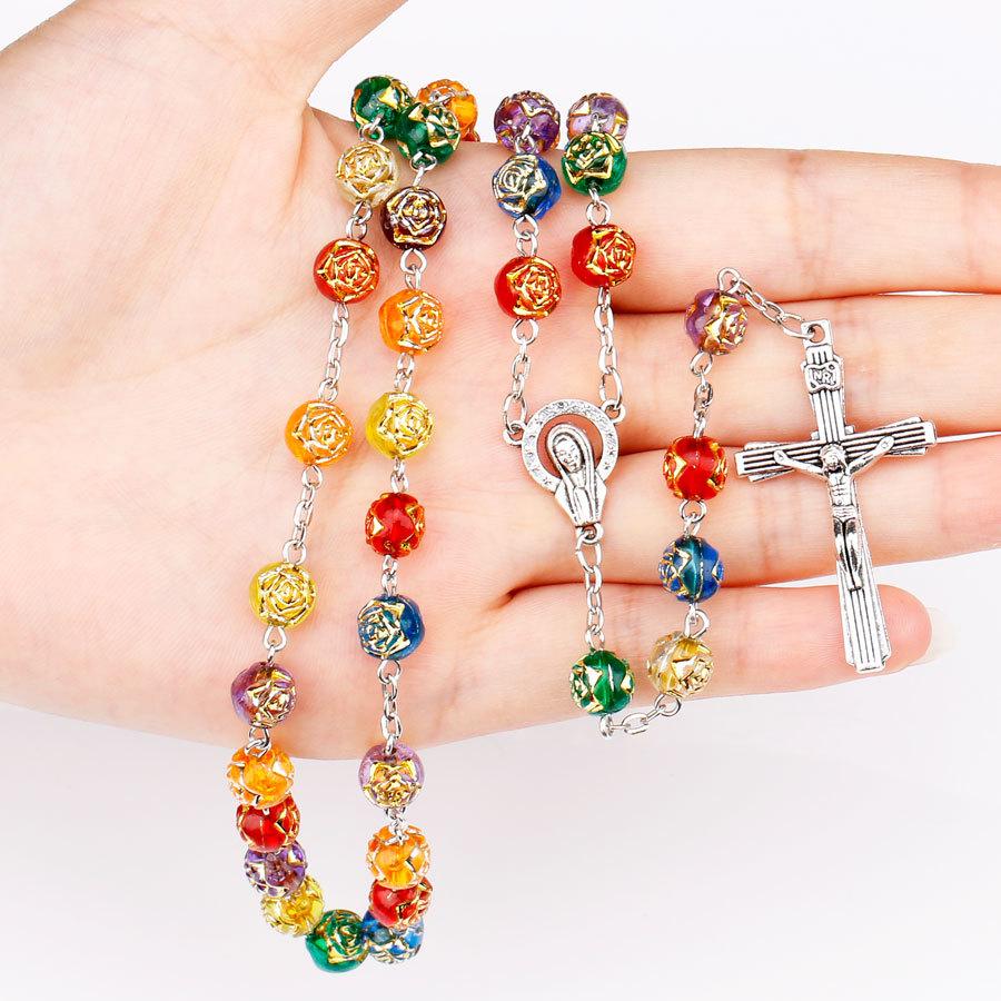 Men's Prayer Catholic Rosary Necklace Long Beaded Chain Cross Pendant Necklaces for Women Religious Zircon Rosarios Church Gift
