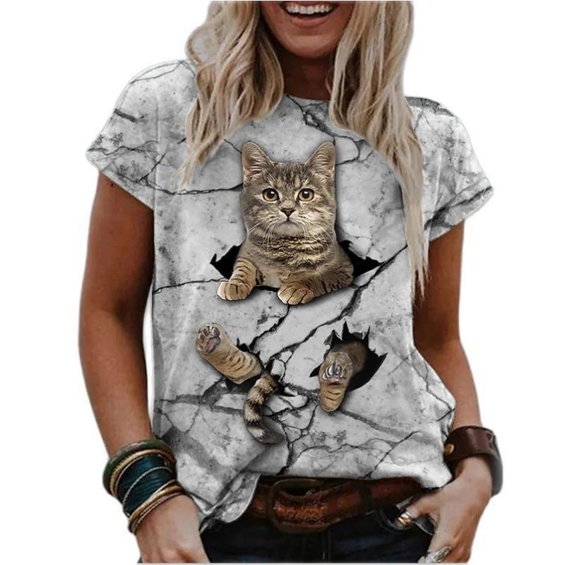 Summer Kitten Pattern 3D Printed Loose Casual Round Neck Short Sleeved T-Shirts Women’s
