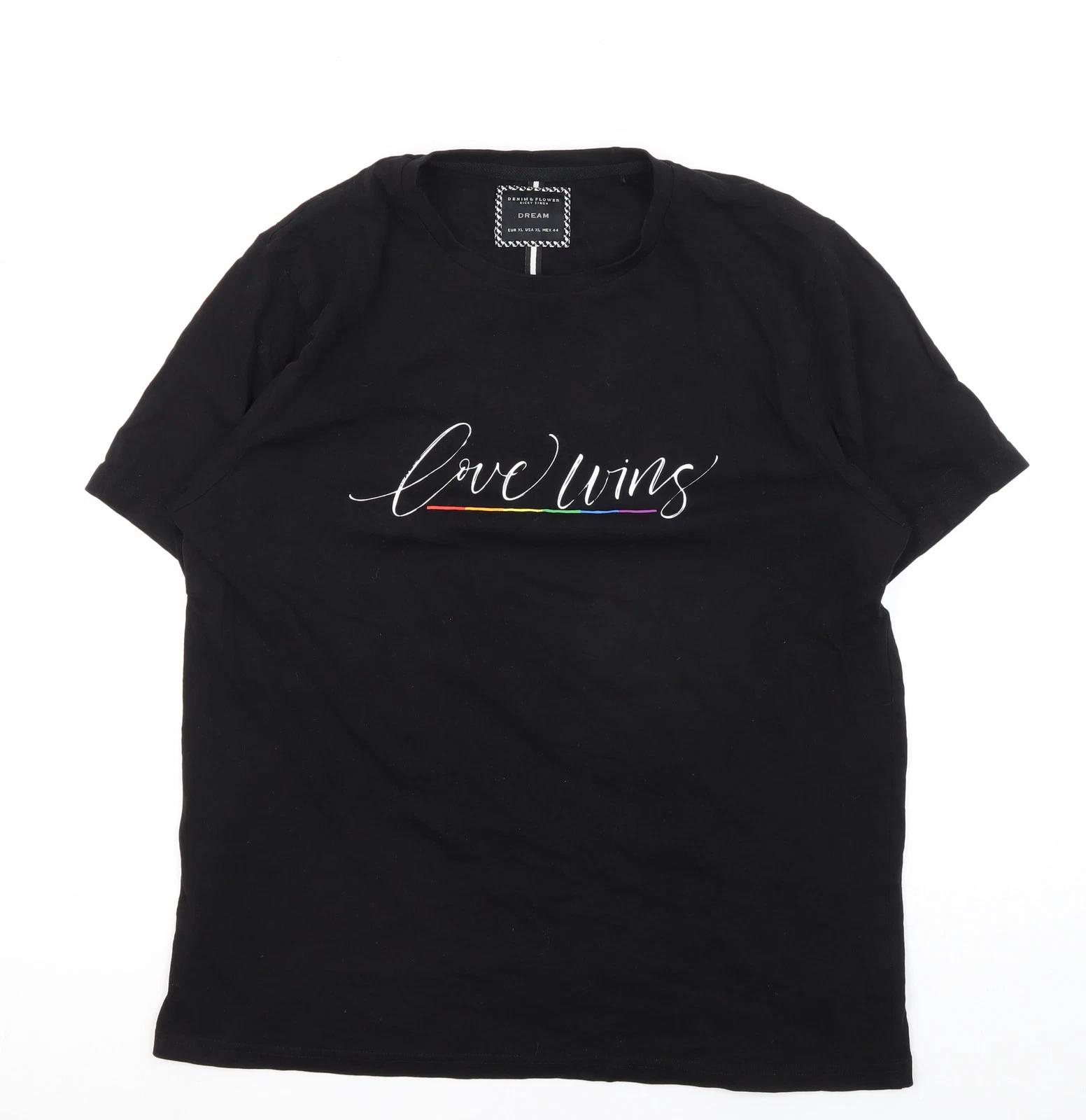Denim & Flower Black T-Shirt, Unisex, Size 16, Love Wins L