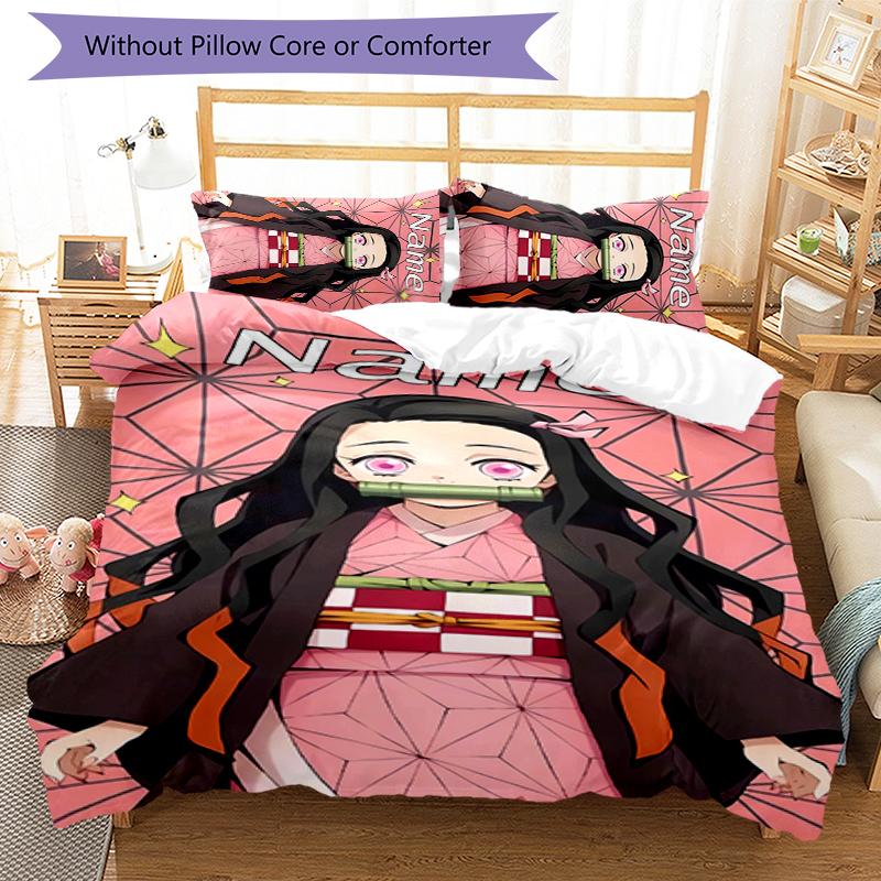 3pcs Custom Name Demon Slayer Nezuko Bedding Set Duvet Cover Closure Includes 1 Duvet Cover & 2 Pillowcases for All Seasons Bedroom Decor