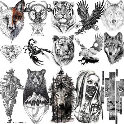 10 Blatt 3D-Tiere temporäre Tattoos für Männer Frauen Erwachsene Arm Tattoo Aufkleber realistische gefälschte Löwe Wolf Tiger Solider schwarze Tatoos Paste