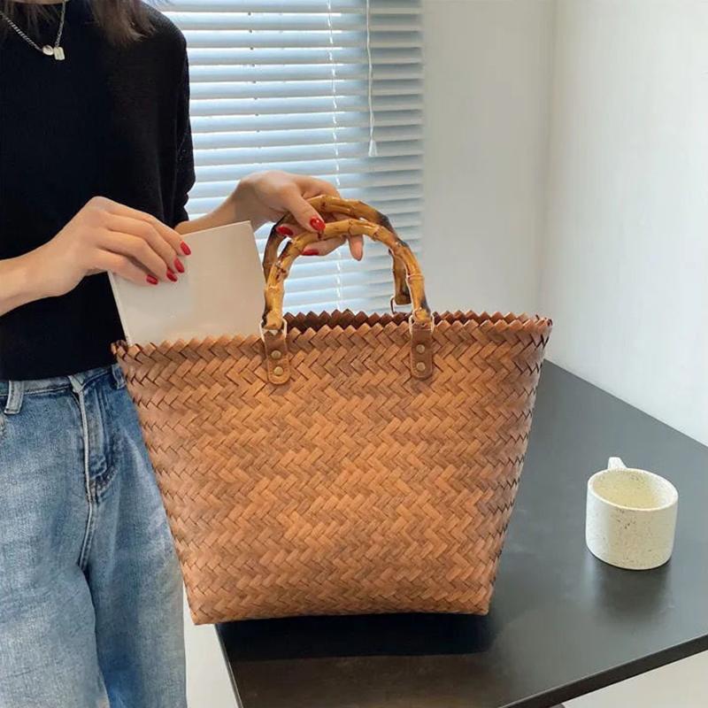 Yogodlns Sommer Stroh Tasche Frauen Große Kapazität Strand Tasche Weben Handgemachte Griff Tasche Mode Kintted Tote Tasche Urlaub Große Handtasche