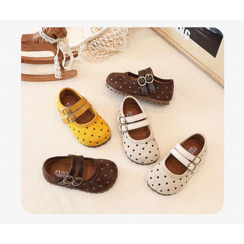 Cute Polka Dot Mary Jane Shoes Girls Soft Sole Comfortable Flat In Yellow Beige Khaki Ages 4-12