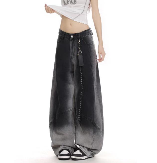 

2025 Unisex American Retro Gradient Washed Curved Leg Jeans, Spring/Autumn Loose Casual Pants L чёрный