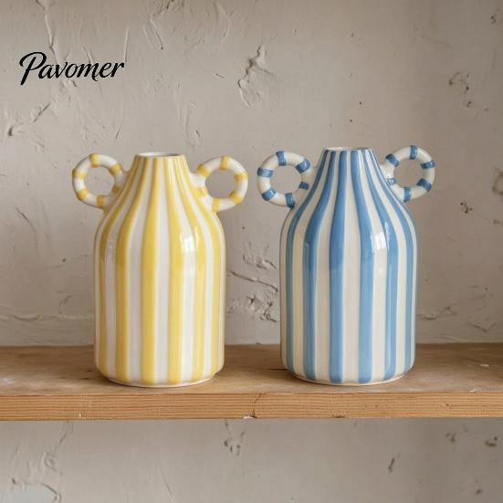 Artistic Home Atmosphere Vase Striped Ceramic Vase, Modern Glossy Hand Painted Flower with Double Fresh Cut Arrangement Ear Handles for Living