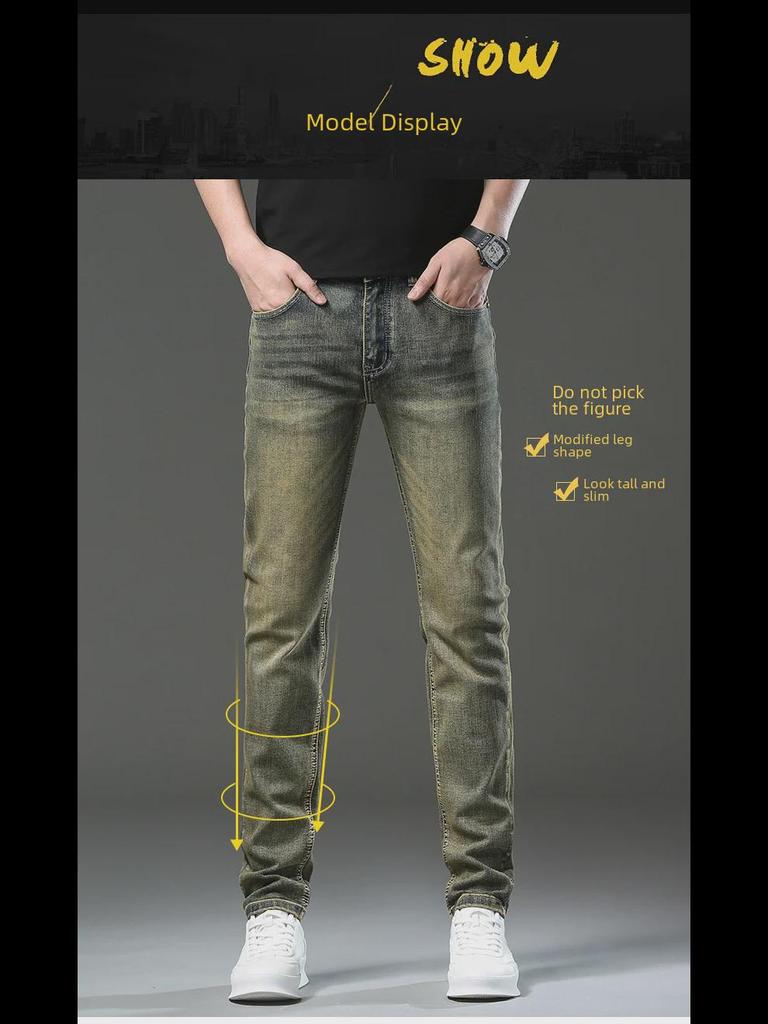 Brass-Colored Men's Slim Fit Retro Distressed Jeans - Trendy Autumn Casual Skinny Pants for Boys.