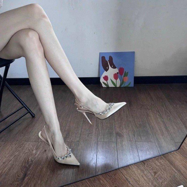 Summer New Patent Leather High Heels Thin Heel Pointed Rhinestone Temperament Single Shoes Black Bag Head Sandals Women