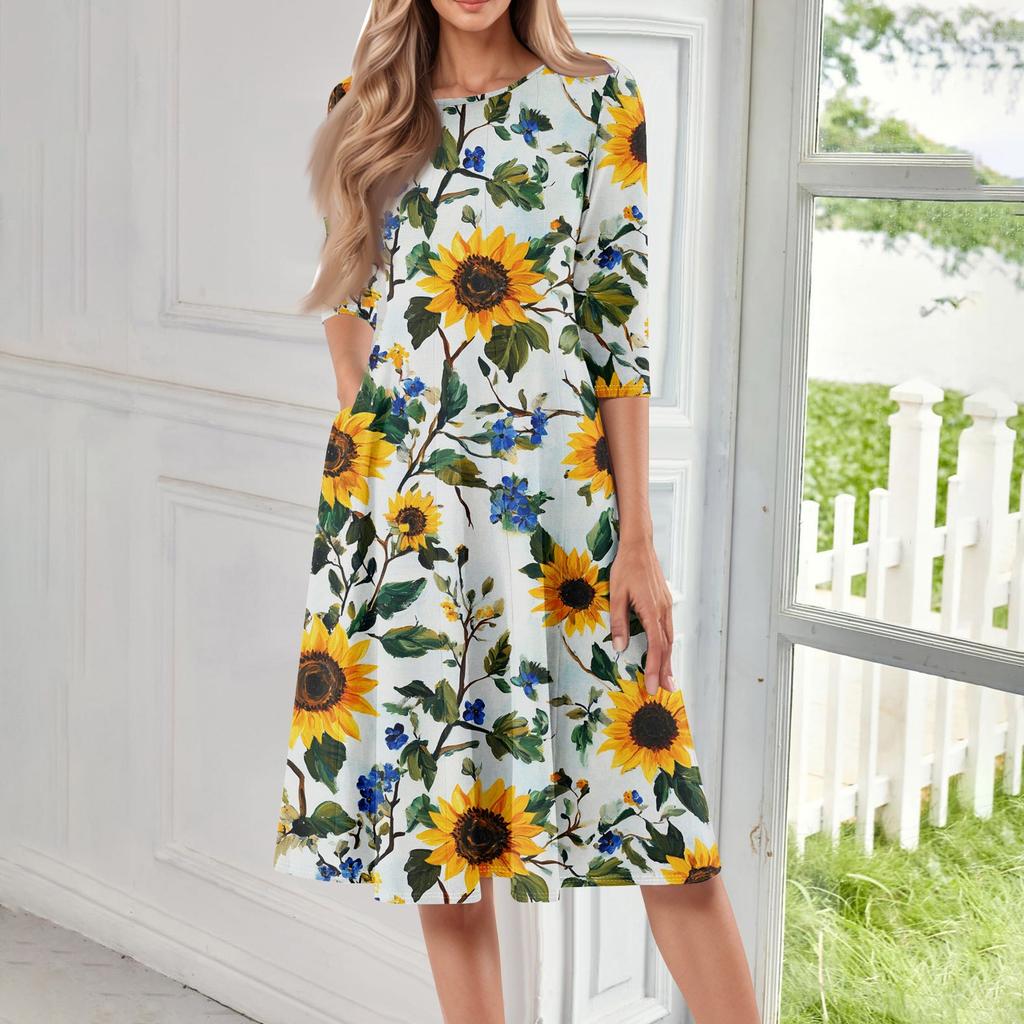 Lockeres, lässiges und modisches Damenkleid mit Rundhalsausschnitt, sieben Viertelärmeln und Print in mittlerer Länge