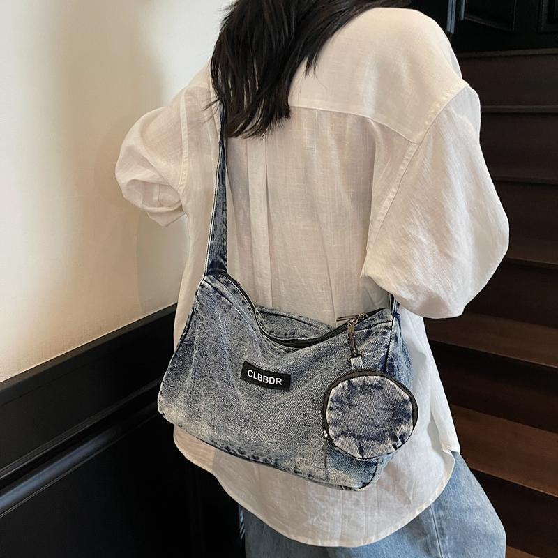 Solid Color Crossbody Bag Underarm Bag Women Denim Bag Commuter Shoulder Bag
