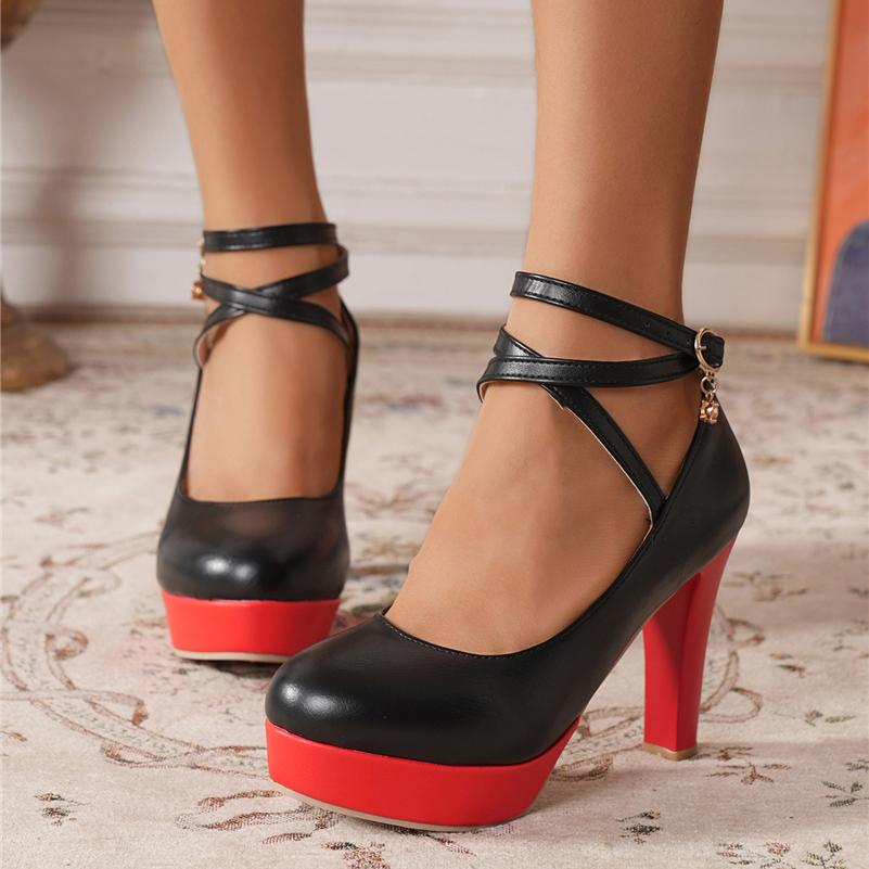 ANNYMOLI Women Ankle Strap Pumps Round Toe Block High Heels Buckle Platform Cross Strap Ladies Fashion Shoes Spring Autumn 43 35 чёрный 3559₽