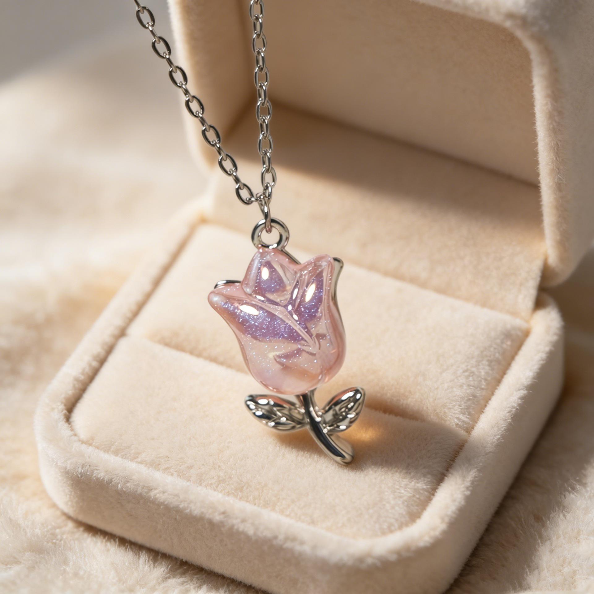 Pink Tulip Heart Necklace - Girly Clavicle Chain in Southeast Asian Style Electroplated нержавеющей стали 304