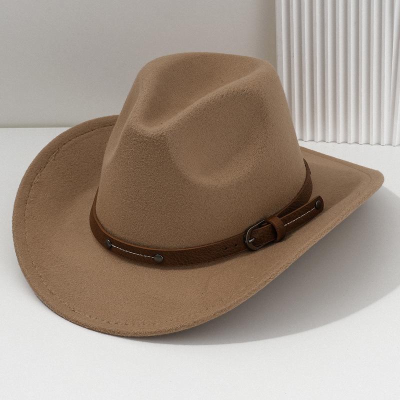 Western Cowboy Hat Men's and Women's Felt Top Hat Metal Rivet Leather Square Buckle Belt Hat Party Jazz Hat